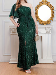 Glitter Sequin One Shoulder Split Maxi Party Dress