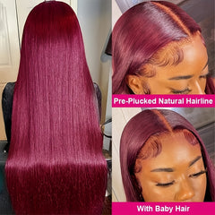 Burgundy 13x4 Transparent Straight Lace Front Wigs Human Hair 150 Density