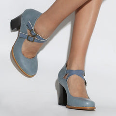 Solid Point Toe Double Strap Chunky Heel Shoes Comfy Dress Shoes