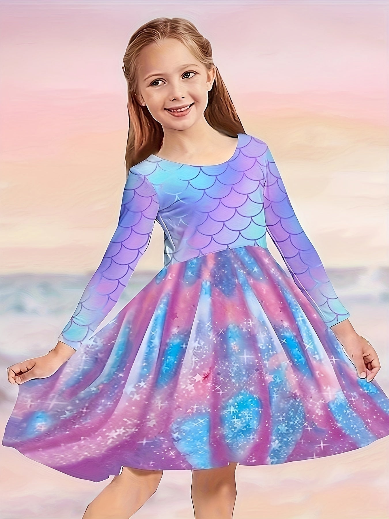Snowy Reindeer Long Sleeve Dress Kids Spring Fall Christmas Gift