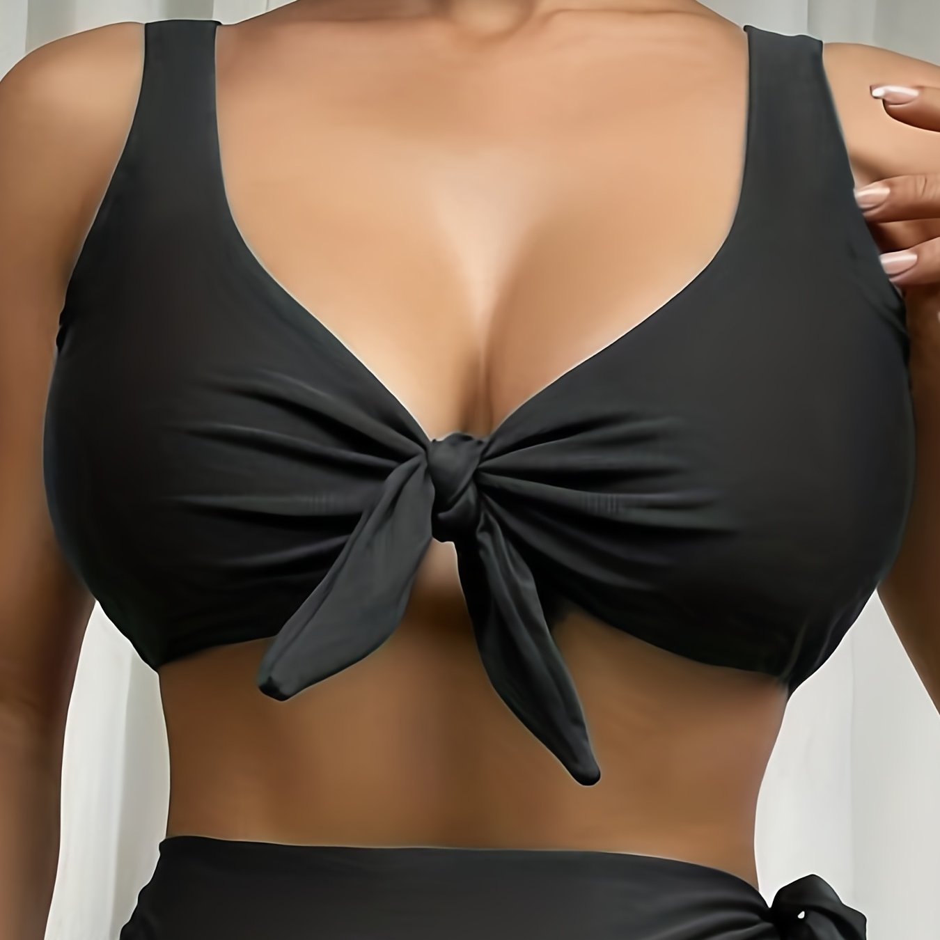Front Bow Knot V Neck Bikini Top Solid Stretchy Swimsuit