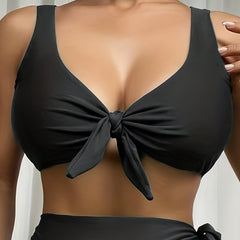 Front Bow Knot V Neck Bikini Top Solid Stretchy Swimsuit