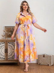 Floral Print Button Up Short Sleeve Shirt Dress With Belt