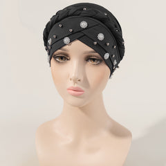 Faux Pearl Flower Turban Cap Braided Twist Head Wrap Head Scarf