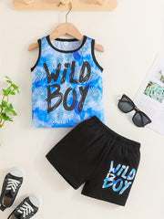 Boy's Tank Top & Shorts Set WILD BOY Tie Dye Print Casual Summer Clothes