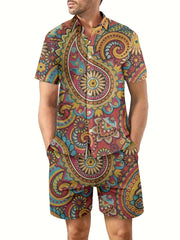 Ethnic Pattern Men's 2Pcs Hawaiian Shirt And Shorts Set
