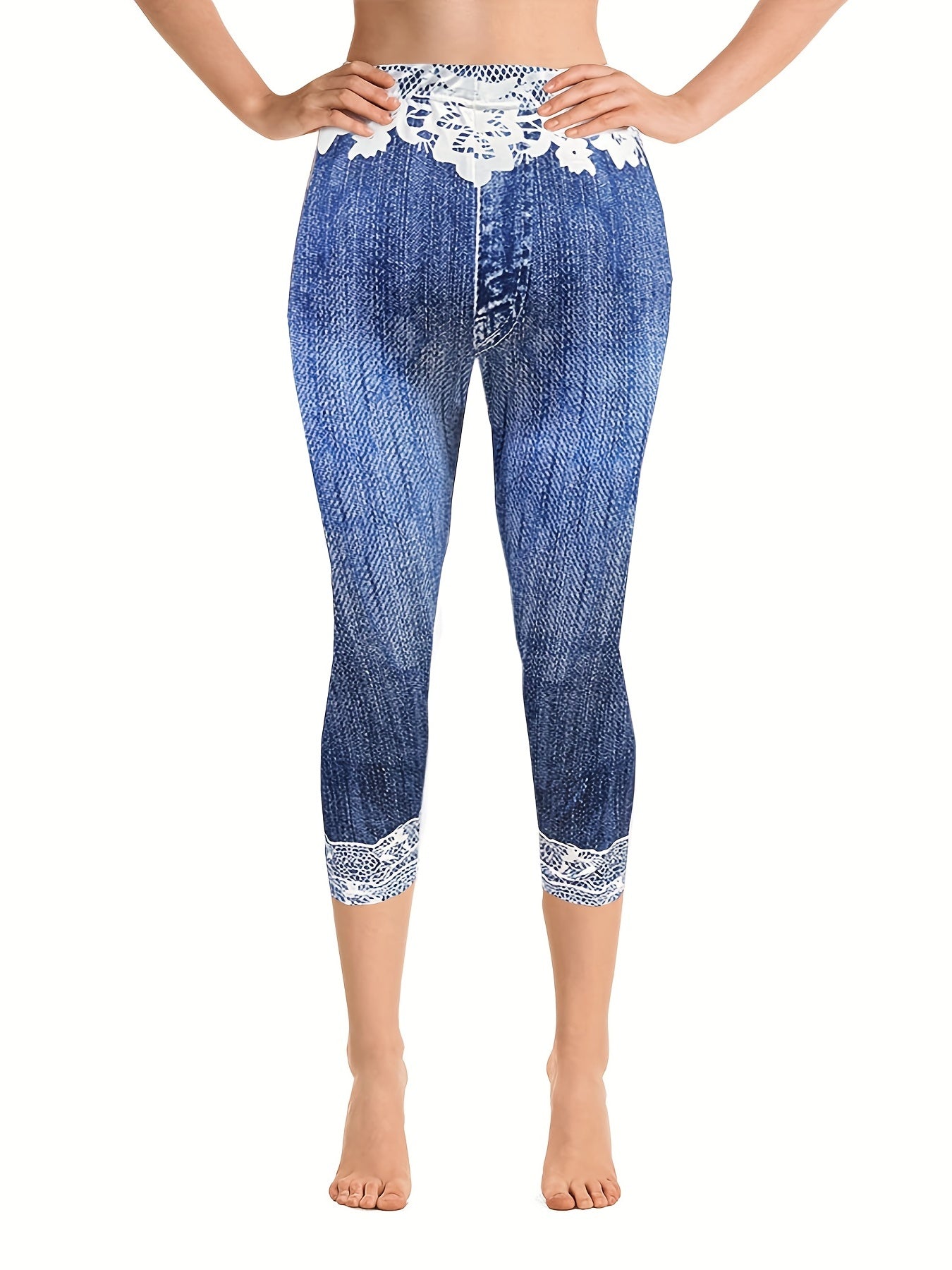 Denim & Butterfly Print Skinny Capris Leggings for Women
