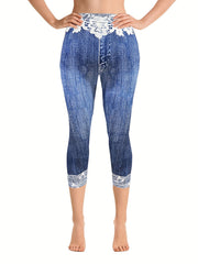 Denim & Butterfly Print Skinny Capris Leggings for Women