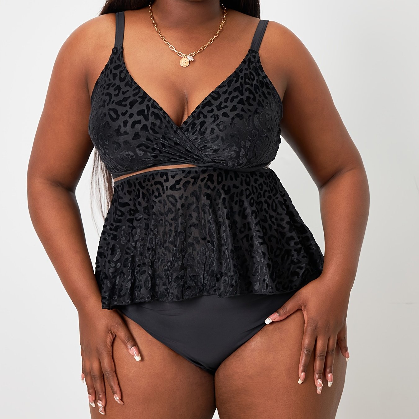 Sexy Tankini Set Leopard Pattern Mesh Peplum Cami Top & Panty Swimsuit
