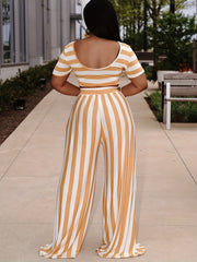 Striped Two Piece Set Short Sleeve Crop Top & Wide Leg Pants Women's Outfit