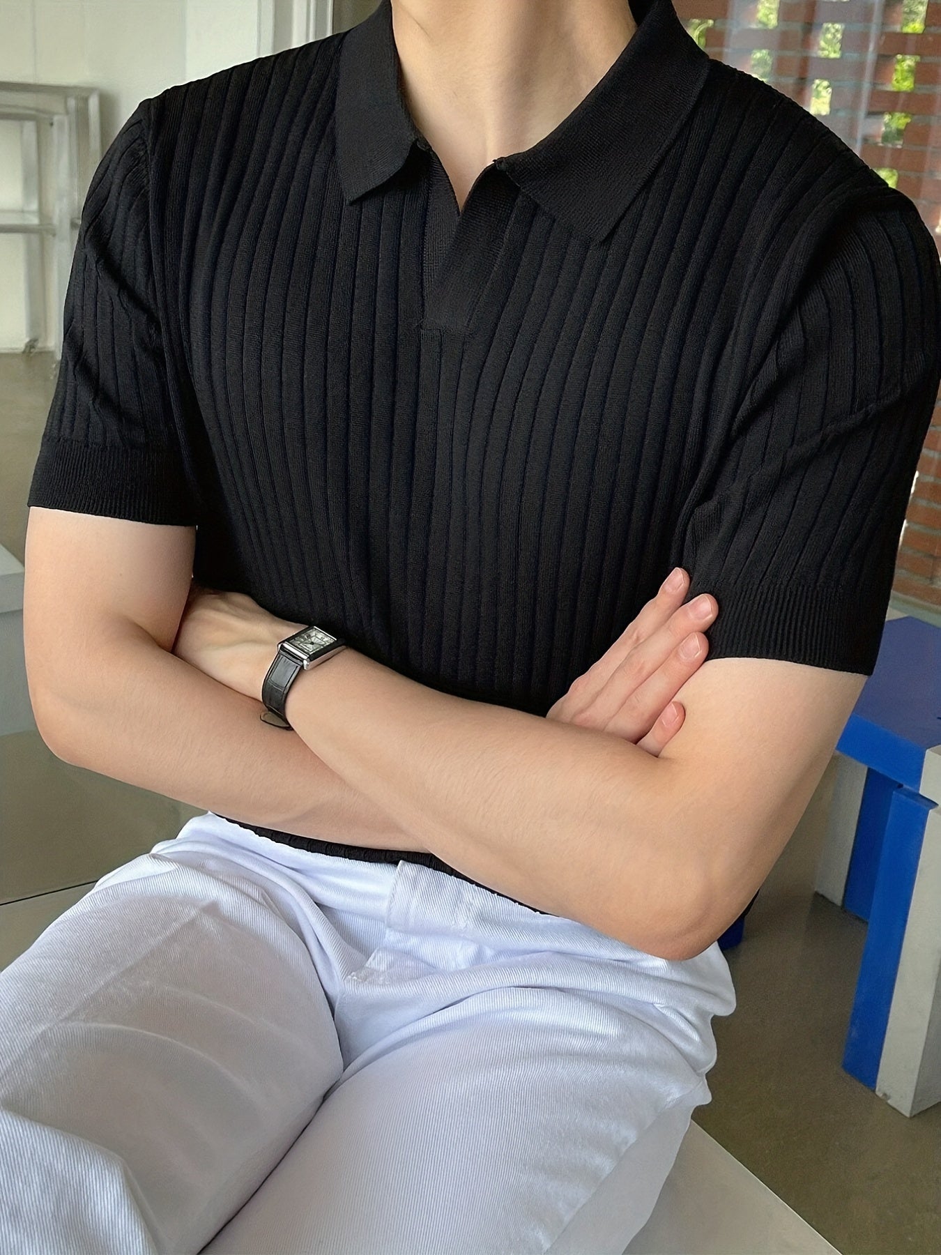 Knit Short Sleeve Polo Shirt V-Neck Button Up Casual Top Men's Tee