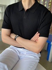 Knit Short Sleeve Polo Shirt V-Neck Button Up Casual Top Men's Tee