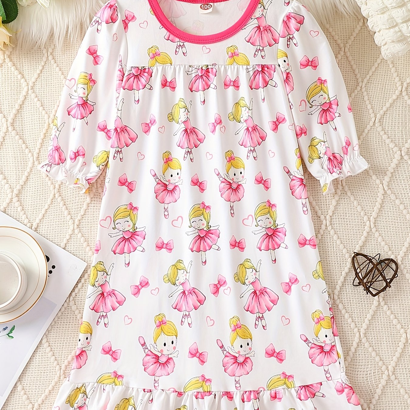 Girl's Dancing Girl Print Pajama Nightdress Round Neck Long Sleeve Dress