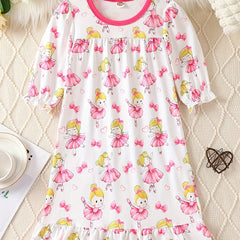 Girl's Dancing Girl Print Pajama Nightdress Round Neck Long Sleeve Dress