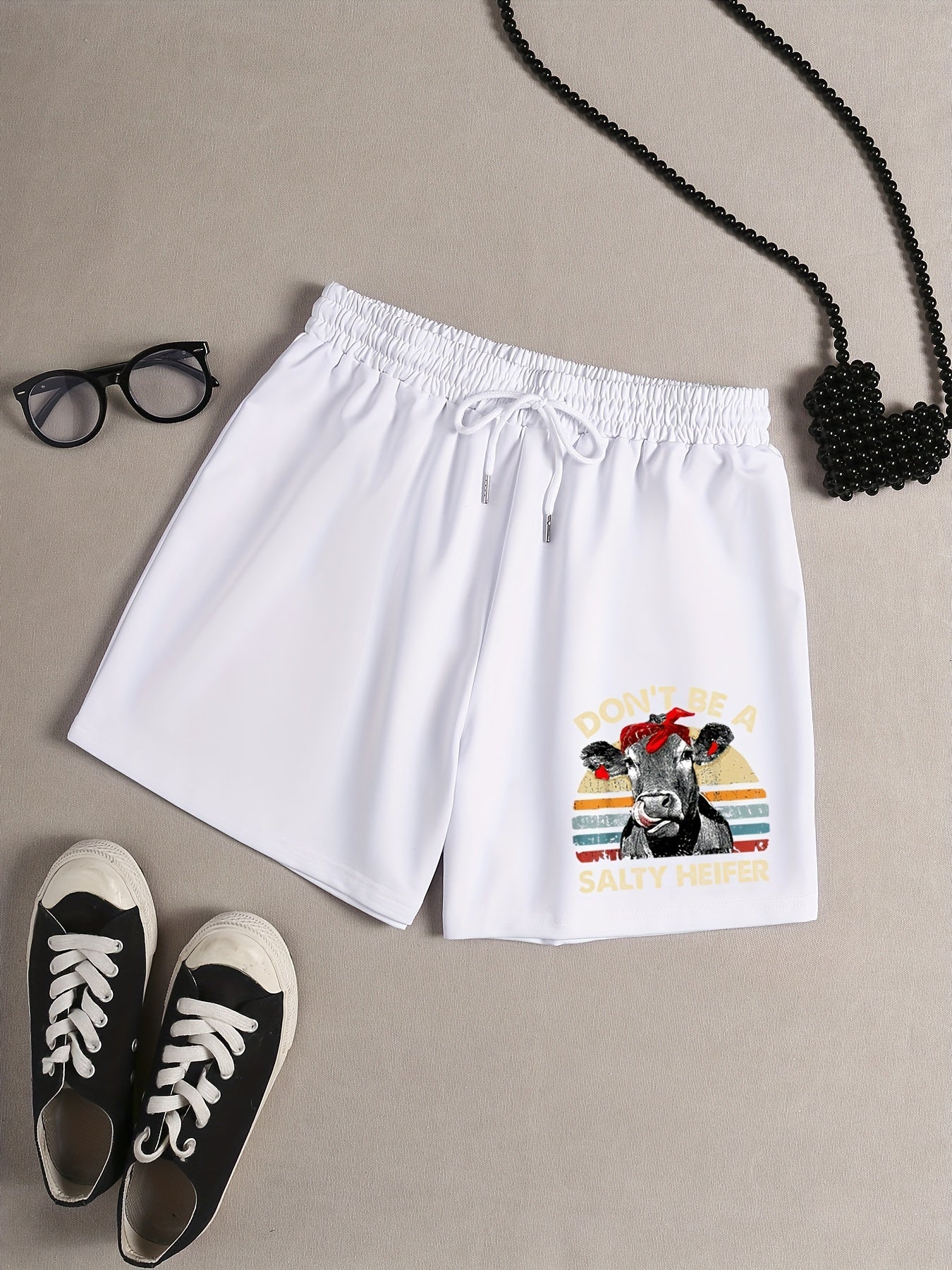 Women's Plus Cow & Slogan Print Sporty Pajama Shorts