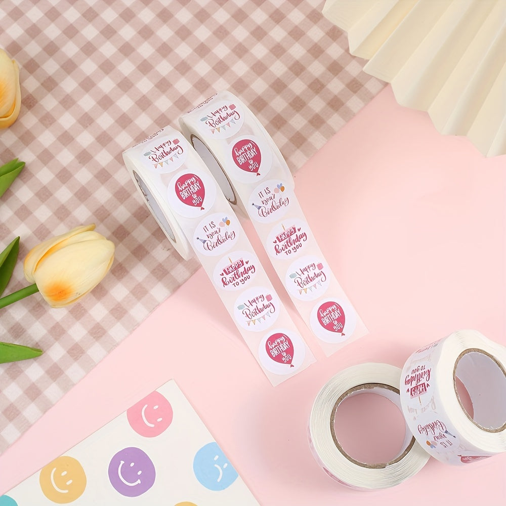500pcs Happy Birthday Stickers Roll - 2" Round Labels for Gift Wrapping