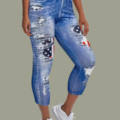 Denim & Flag Print Leggings Casual Skinny Cropped Leggings