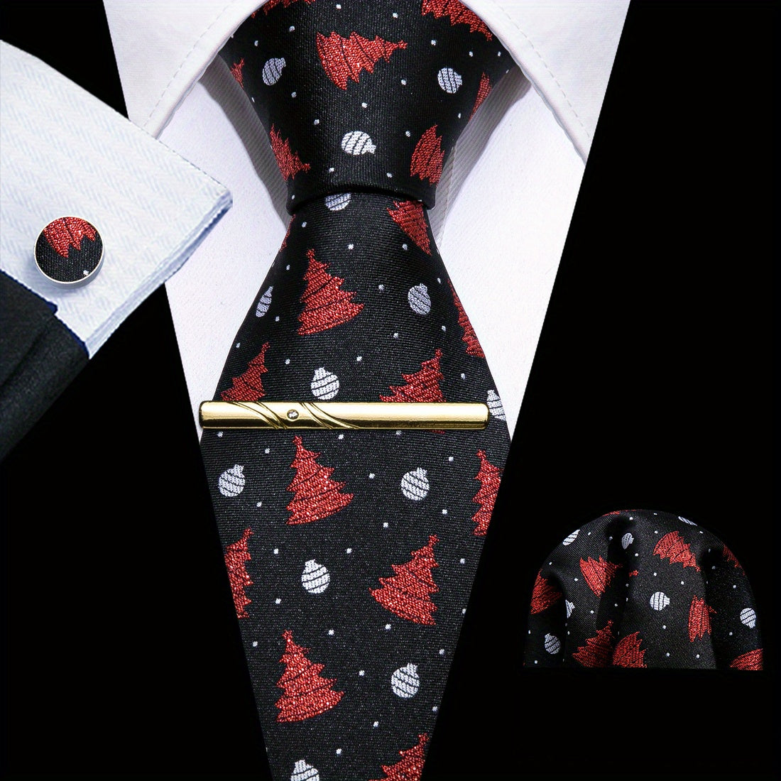 Barry Wang Red&Black Woven Silk Floral Paisley Tie Set