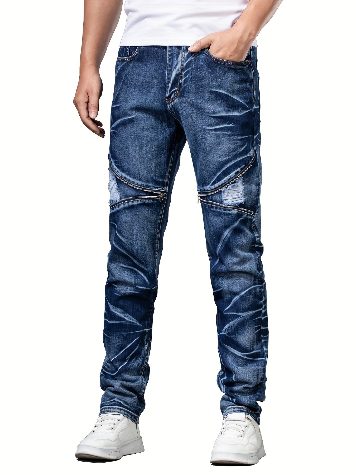 Men's Zipper Tie Dye Ripped Jeans Casual Street Style Denim Pants