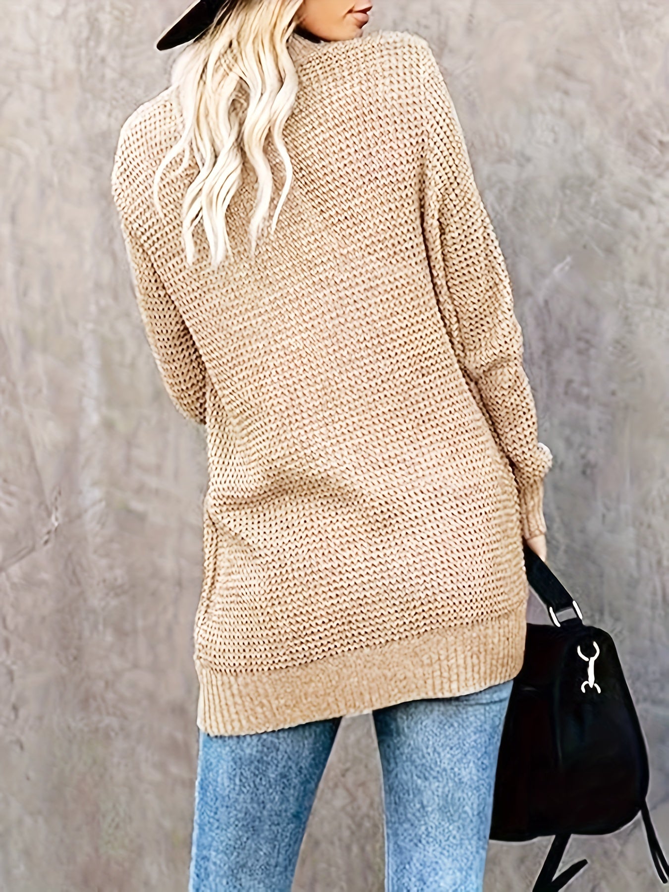 Solid Long Sleeve Open Front Cardigan With Pockets