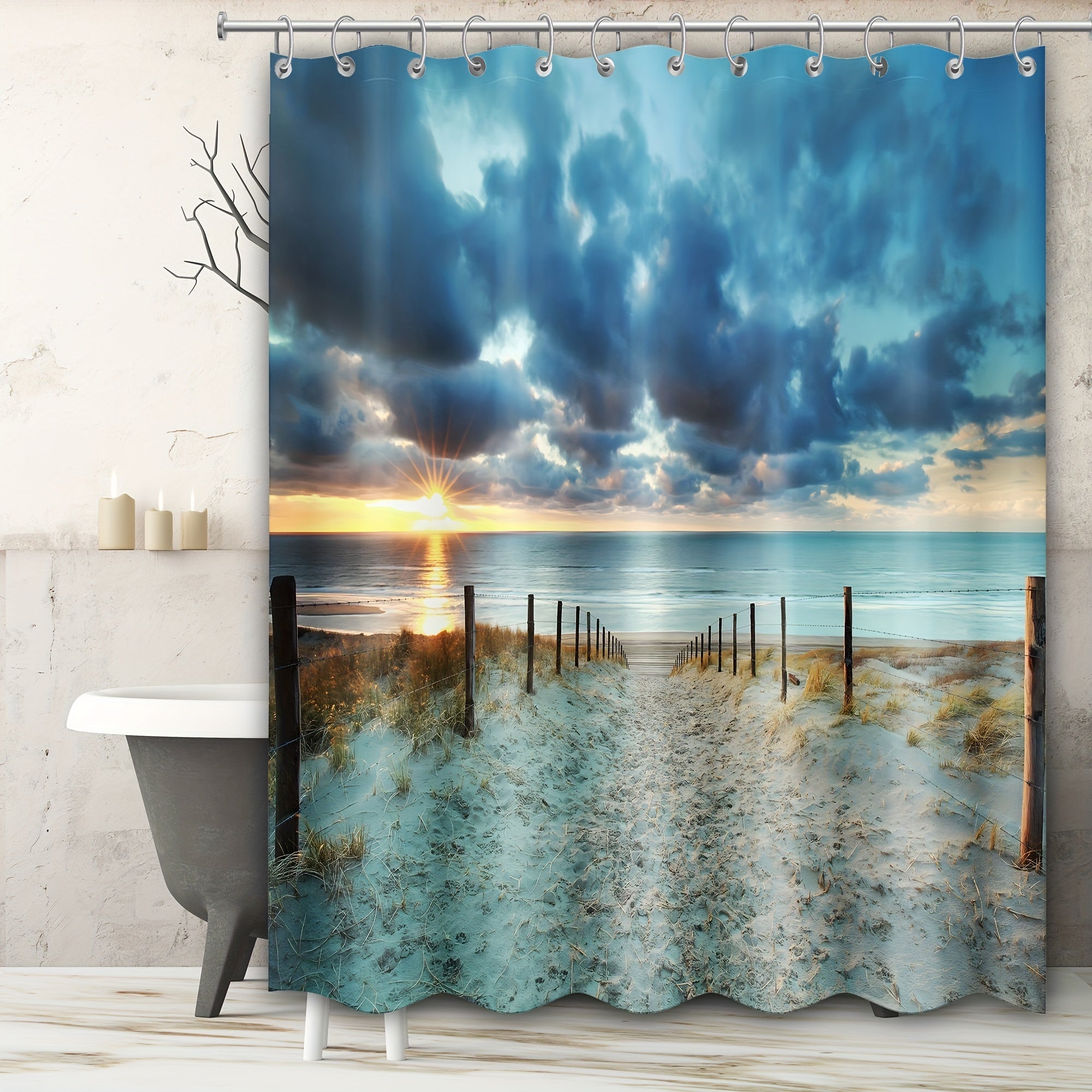 Extra Long Ocean Beach Shower Curtain with 12pcs Hooks