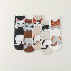 5 Pairs Cartoon Cat Socks Women's Stockings Hosiery