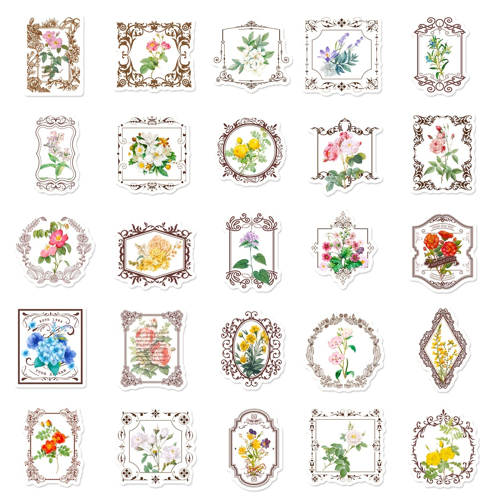 50pcs Retro Flower Stickers for Garden Diary Laptop Water Cup DIY Journal