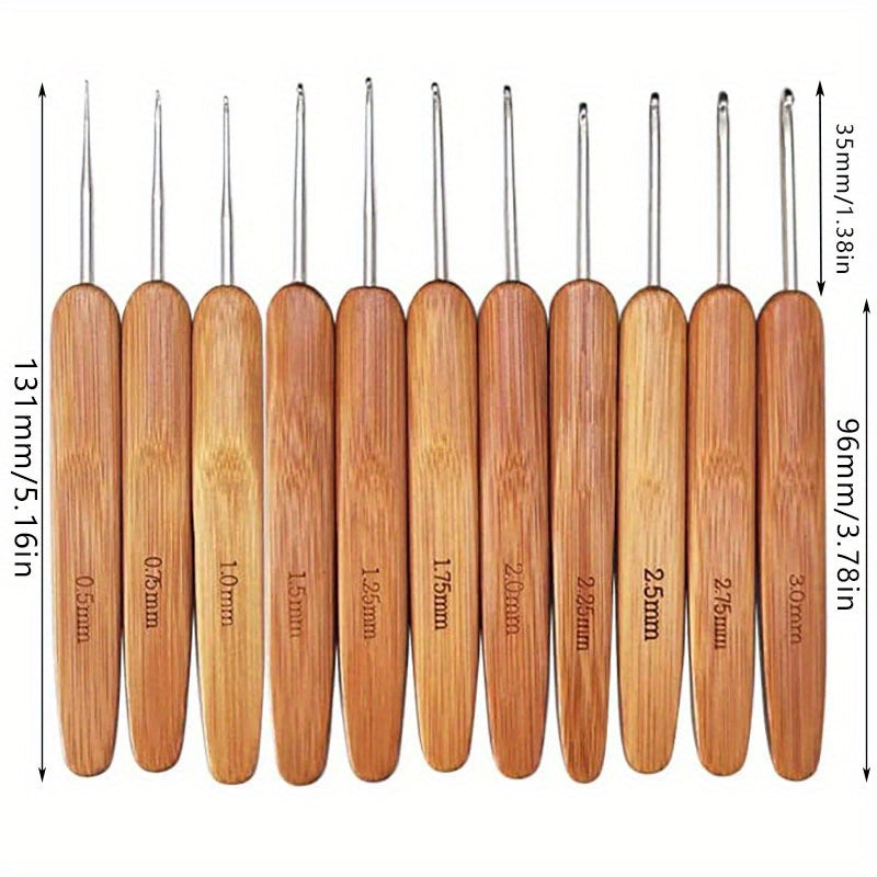 11pcs Bamboo Wood Handles Small Crochet Hooks for Fine Yarn & Lace Knitting