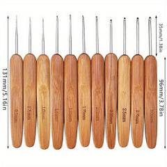 11pcs Bamboo Wood Handles Small Crochet Hooks for Fine Yarn & Lace Knitting