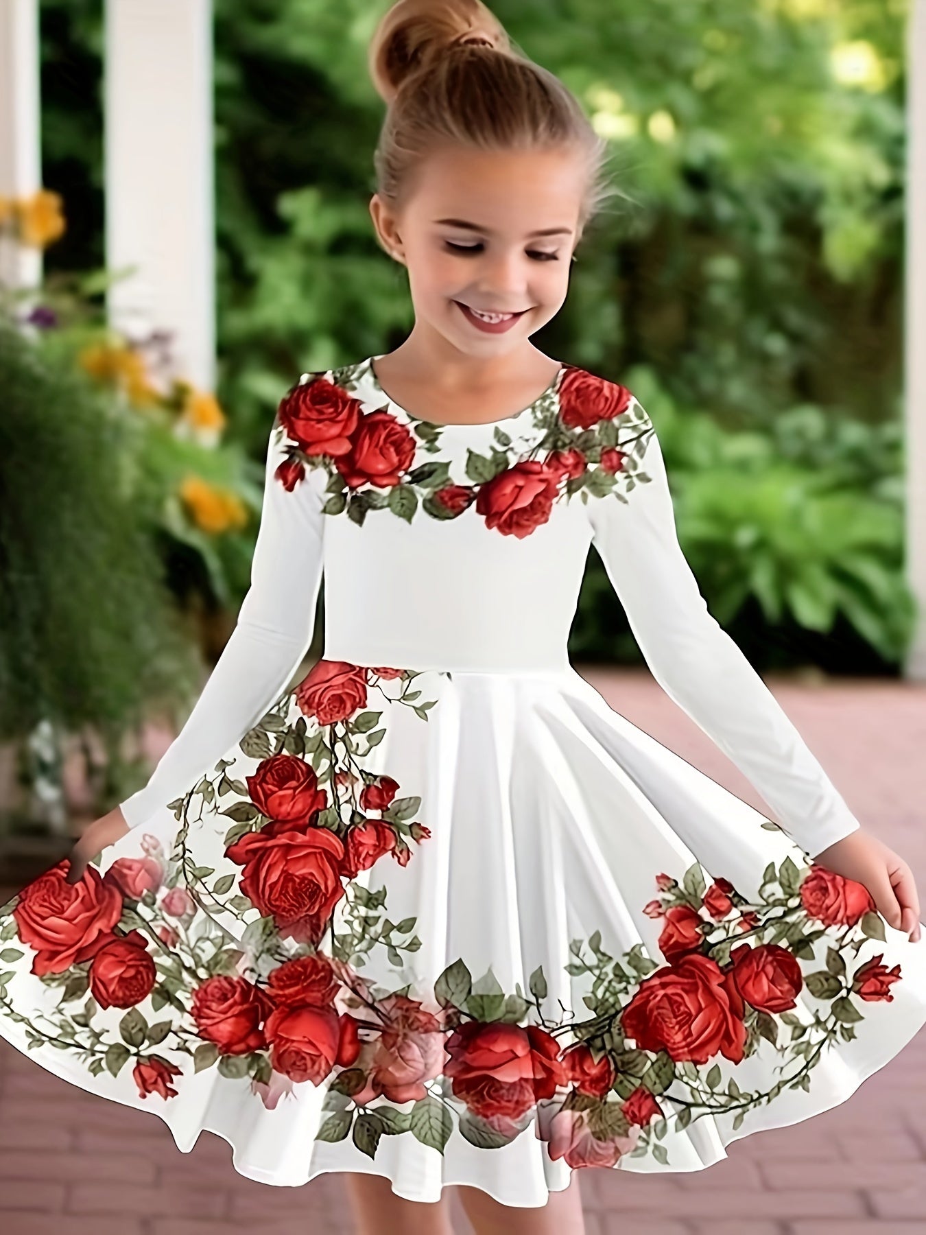 Girls Flower Print Long Sleeve Dress for Spring Fall Party