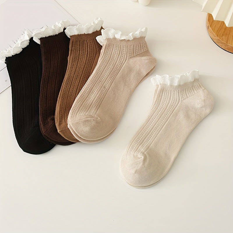 5 Pairs Lace Ruffle Socks Retro Style Sweet & Short Socks Women's Stockings