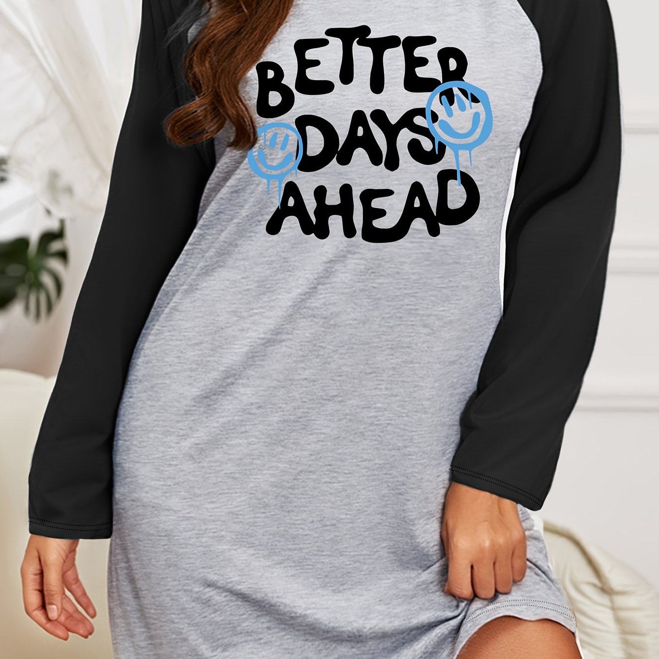 Funny Face Slogan Print Raglan Sleeve Tee Sleep Dress