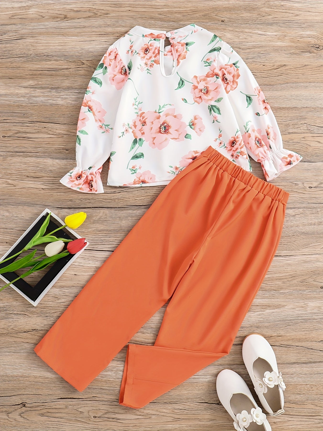 Girl's 2pcs Floral Print Top & Pants Set for Spring/Fall