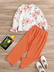 Girl's 2pcs Floral Print Top & Pants Set for Spring/Fall