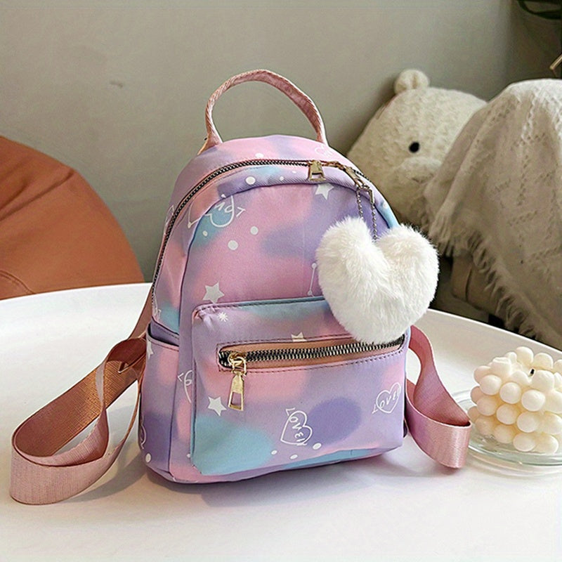 Kids Colorful Backpack w/Plush Love Charm Cute Nylon Gift