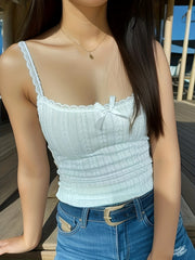Lace Bow Tie Cami Top Spaghetti Strap Sleeveless Sexy