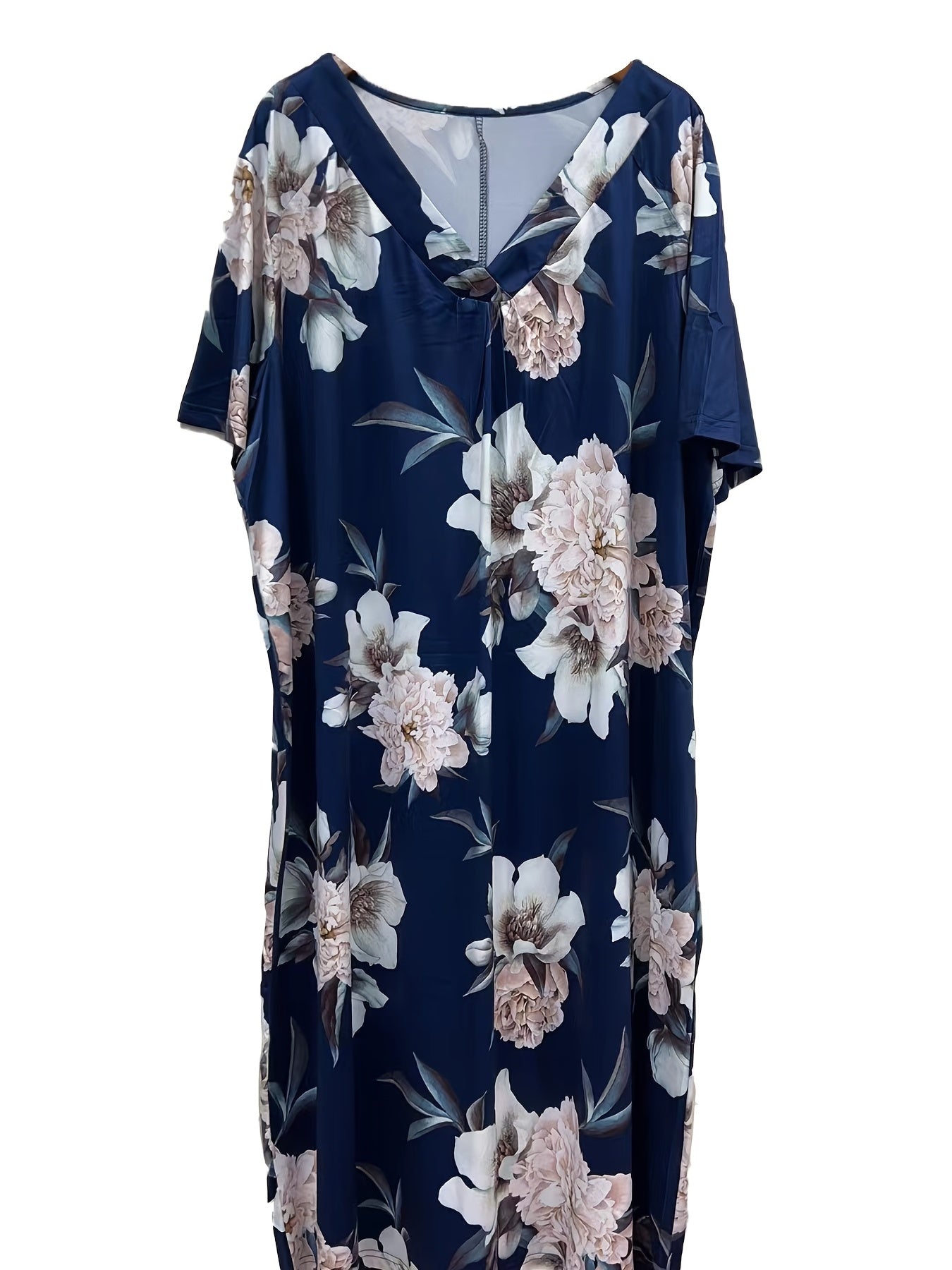 Plus Floral Print V Neck Loungewear Dress Women's Nightdress