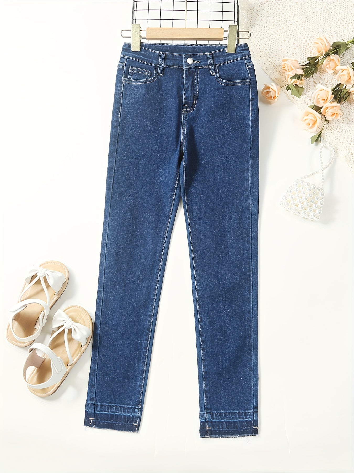 Girls Slim Fit Stretch Denim Long Pants With Pocket
