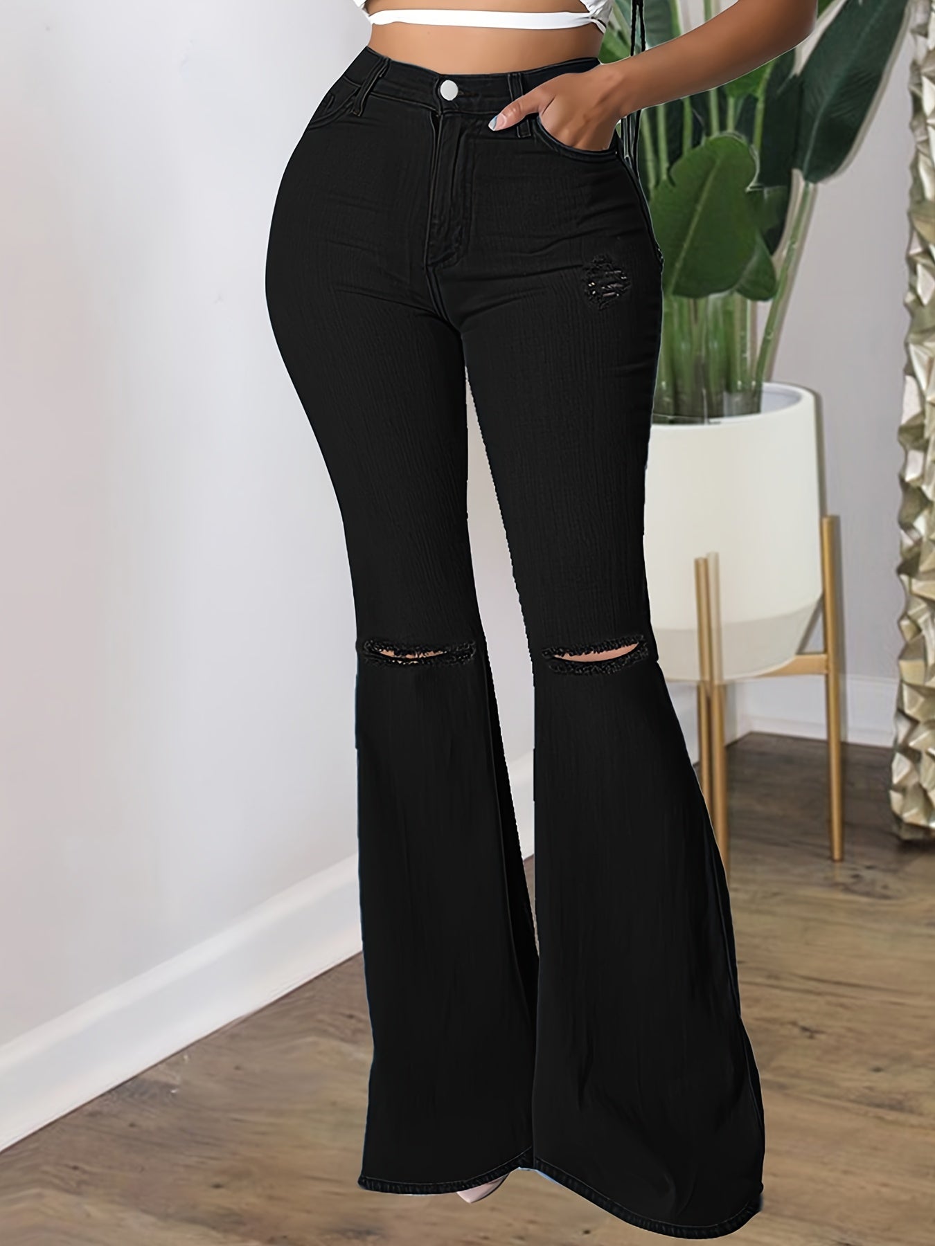High Waist Flared Jeans Bell Bottom Boot Cut Distressed Denim Pants