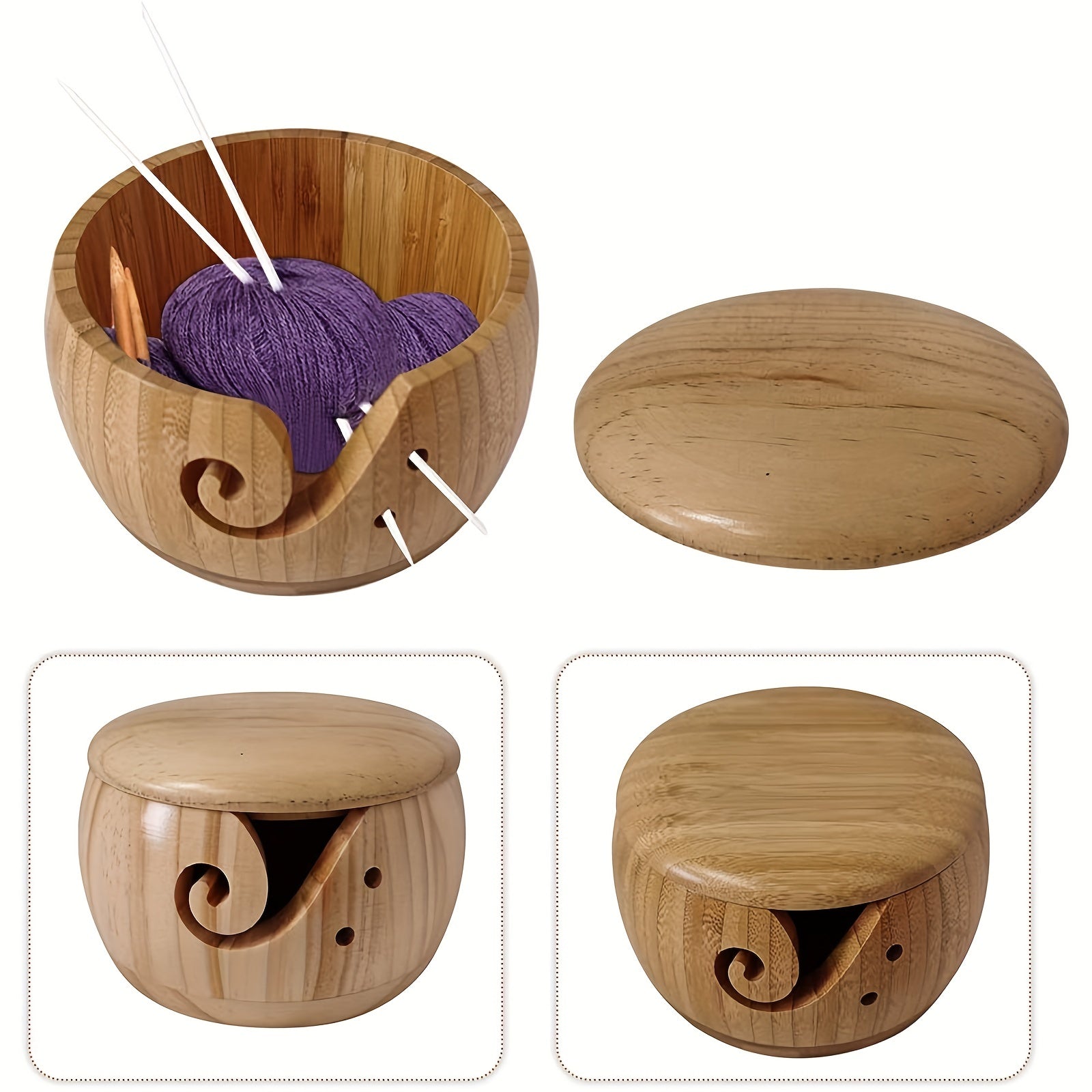 Bamboo Yarn Bowl With Lid Wood Knitting Bowl DIY Embroidery Crocheting Storage