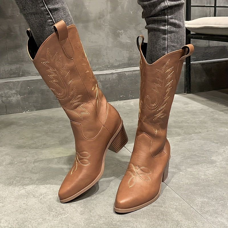 Women's Embroidered Western Boots Pointed Toe Cowgirl Mid Calf Boots