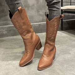 Women's Embroidered Western Boots Pointed Toe Cowgirl Mid Calf Boots