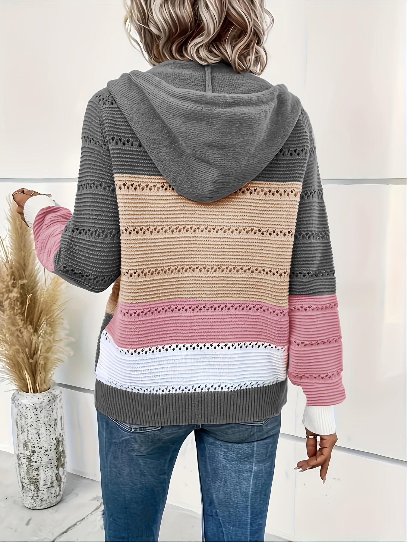 Women's Plus Colorblock Knitted Long Sleeve Zipper Up Hooded Cardigan