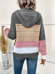Women's Plus Colorblock Knitted Long Sleeve Zipper Up Hooded Cardigan