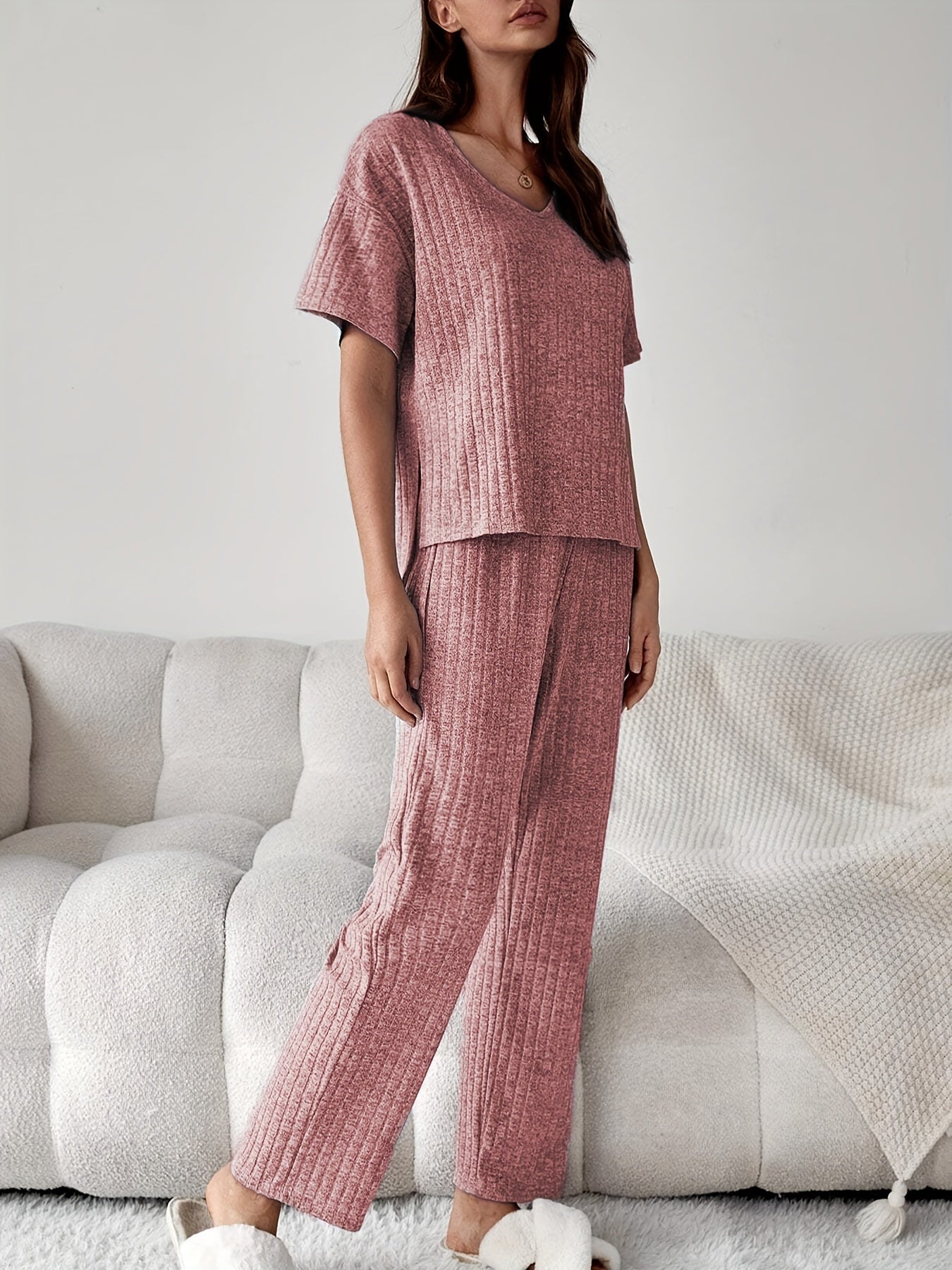 Ribbed Lounge Set Short Sleeve Top & Pants Women's Loungewear
