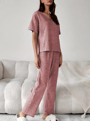 Ribbed Lounge Set Short Sleeve Top & Pants Women's Loungewear
