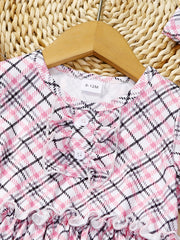 2pcs Baby Girls Plaid Onesie Dress & Headband Flared Sleejsons Princess Dress