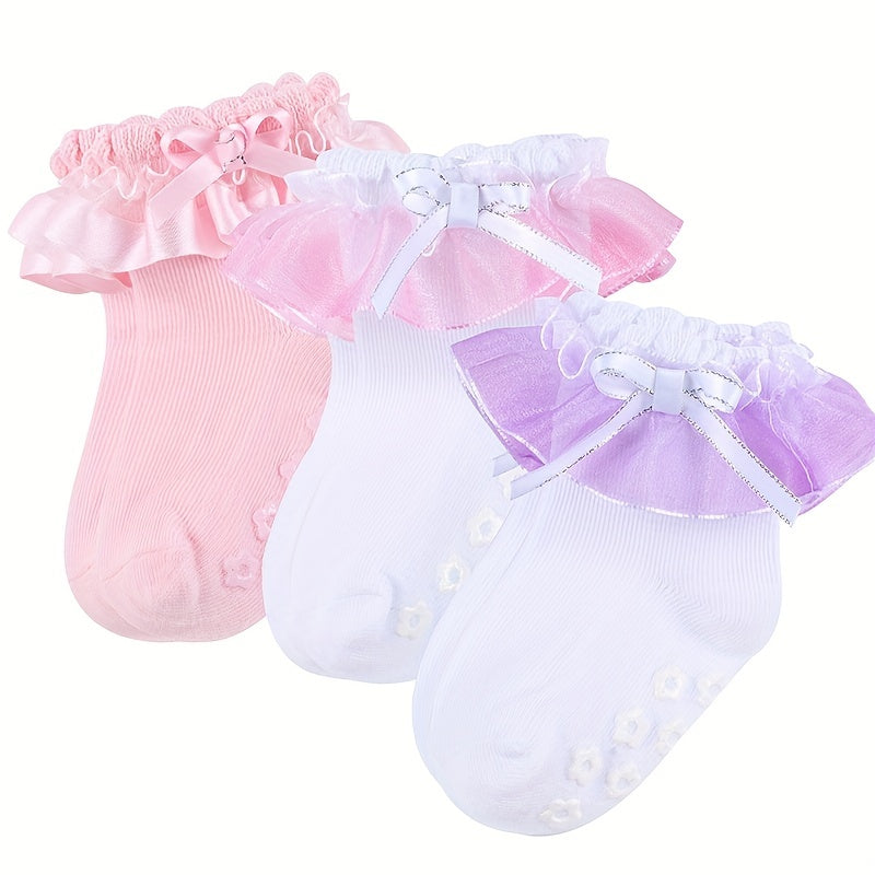 3 Pairs Baby Girls Lace Ruffled Socks with Bow Non-slip Cotton Socks