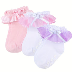 3 Pairs Baby Girls Lace Ruffled Socks with Bow Non-slip Cotton Socks