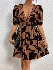 Geometric Print Ruched Dress Casual Plunging Puff Sleeve Dress